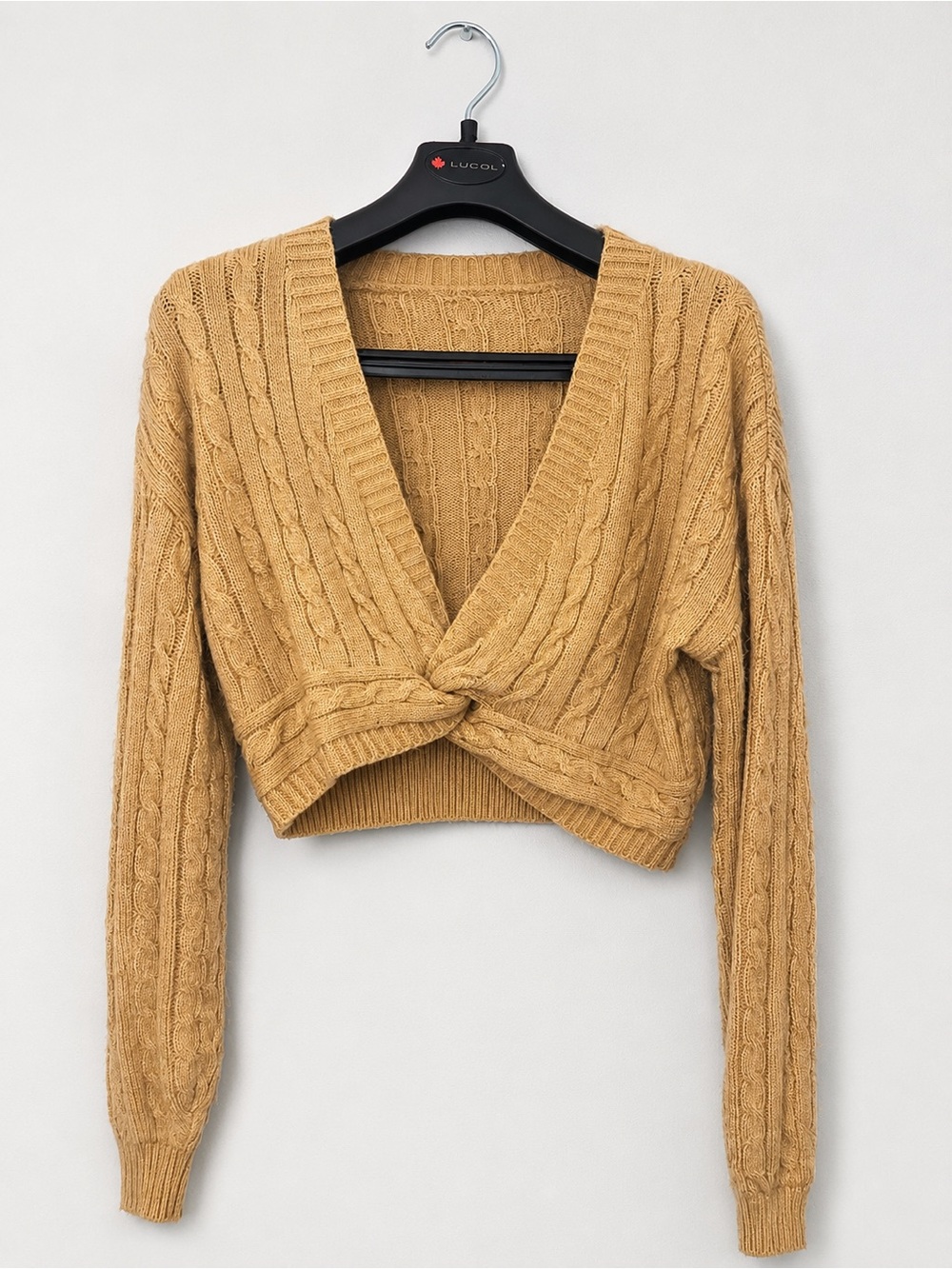 Cable Knit Twist-Front Cropped Sweater - Mustard